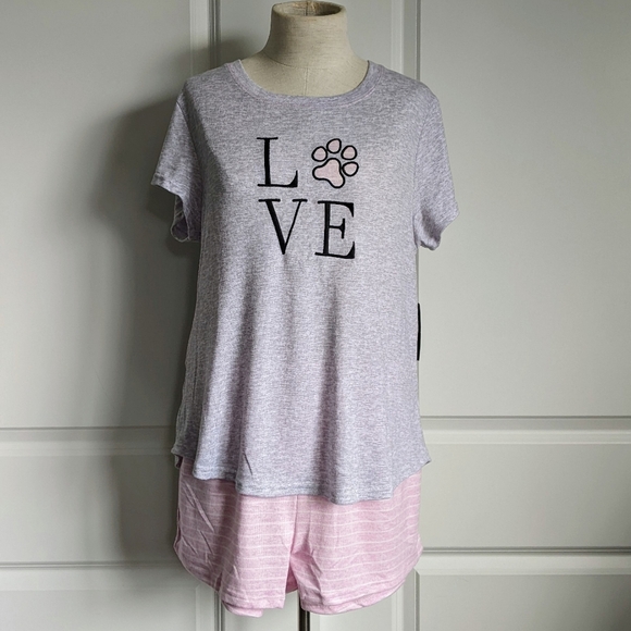 Laura Ashley PJ Set Short Sleeve Tee Shorts Embroidered Love Paw Grey Pink L NWT - Picture 3 of 11